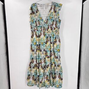 Anthropologie Smocked Ruffle Midi Dress Botanical Size Large